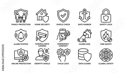 Protective icons for security: family, shield, lock, surveillance, and global safety