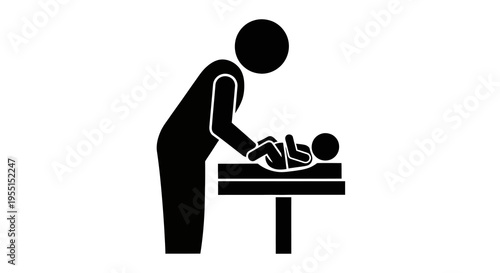 Parent changing baby diaper on table silhouette pictogram for nursery signs