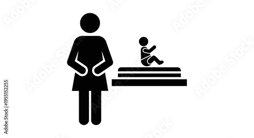 Mother in silhouette with baby changing station icon on white background