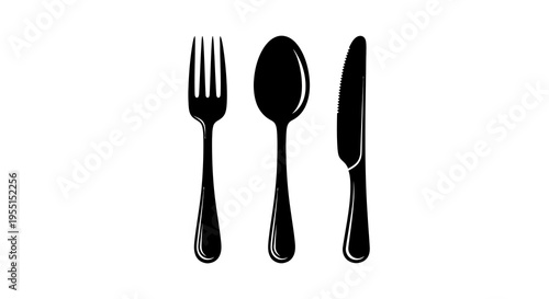 Set of cutlery silhouettes: fork, spoon, and knife in minimalist style