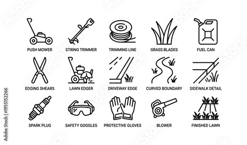 Lawn care equipment icons set including mower and trimmer