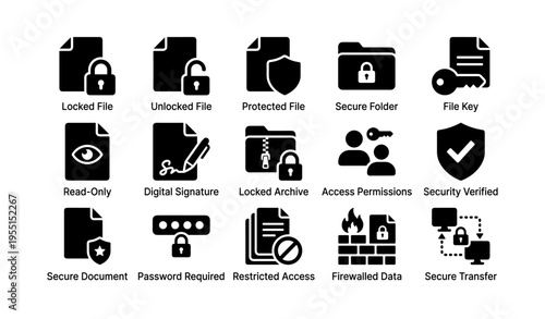 Security icons set featuring locked files, secure folders, and access permissions
