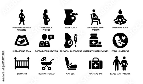 Pregnancy icons: prenatal care, ultrasound, supplements, and more