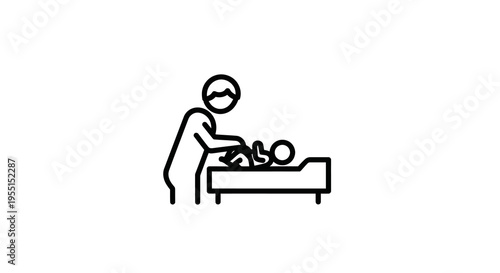 Parent changing baby diaper on table icon in simple linear style