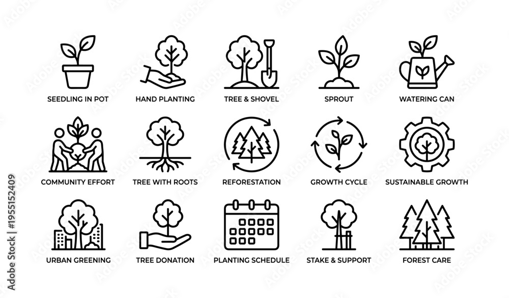 Fototapeta premium Eco-friendly icons for reforestation and urban greening initiatives