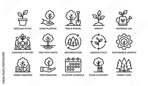 Eco-friendly icons for reforestation and urban greening initiatives