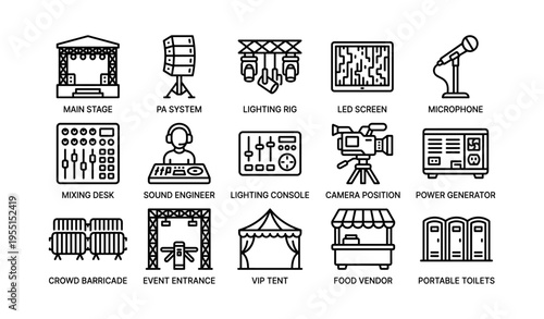 Music festival equipment icons set including stage, sound system, and lighting