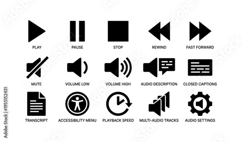 Media player icons: play, pause, stop, rewind, mute and more