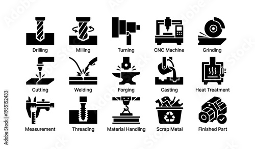 Industrial icons: drilling, milling, turning, cnc machine, grinding, welding, forging, casting