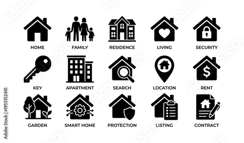 Real estate icons: home, family, security, and more