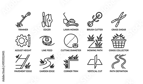 Garden maintenance tools: trimmer, lawn mower, grass shear, edger icons