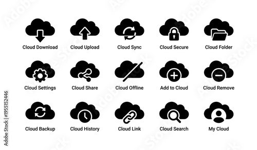 Cloud computing icons: download, upload, sync, secure, folder, settings, share, offline, add, remove, backup, history, link, search, user