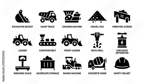 Construction equipment icons: excavator, loader, mixer, and more