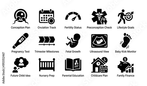 Icons representing pregnancy planning and parental guidance