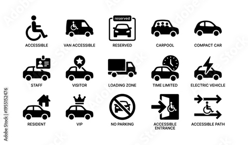 Accessible icons: parking, vehicles, and entry symbols