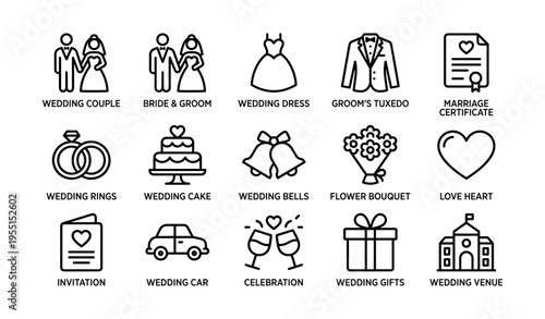 Wedding icons set: couple, dress, rings, cake, tuxedo, bells, bouquet, gifts, venue