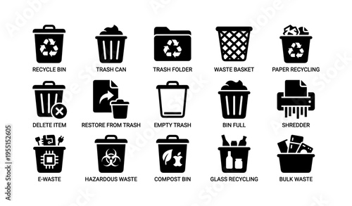 Icons of various waste bins and recycling containers for waste management