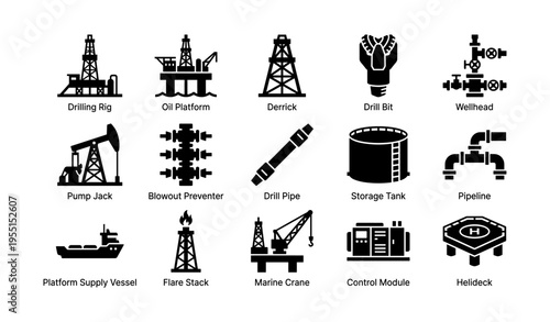 Offshore and onshore oil drilling equipment icons collection