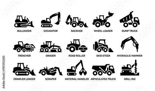 Silhouette icons of construction machinery and heavy equipment