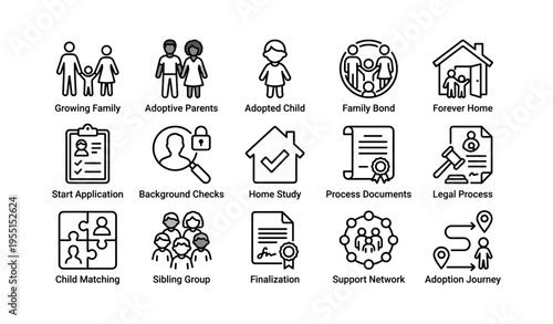 Adoption process icons: family bond, home study, legal steps, support network
