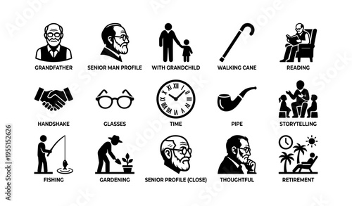 Elderly man icons: storytelling, gardening, relaxing, family, leisure activities