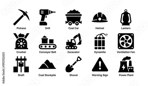 Mining icons set featuring tools, equipment, and safety symbols