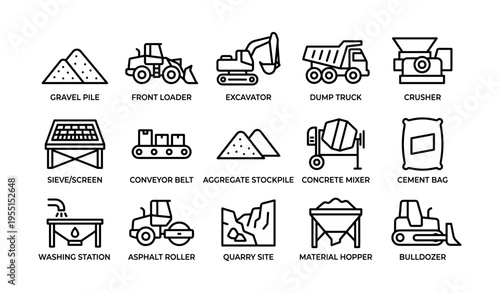 Construction equipment icons: excavator, bulldozer, conveyor belt, cement mixer
