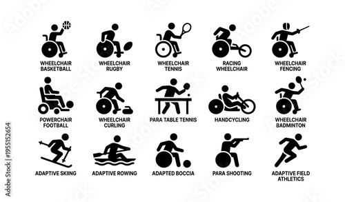 Inclusive para sports icons: wheelchair, adaptive, various activities representation