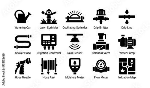 Garden irrigation tools icons: sprinklers, valves, pumps, sensors for efficient watering