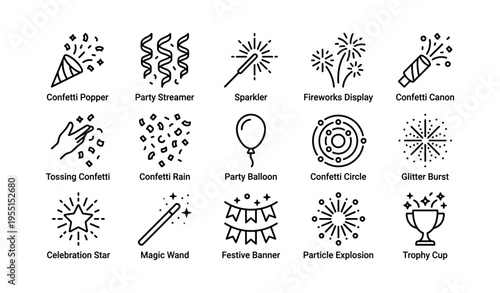 Party celebration icons: confetti, sparklers, fireworks, balloons, trophies