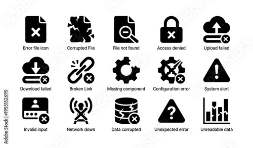 Set of error and alert icons indicating file issues and system warnings