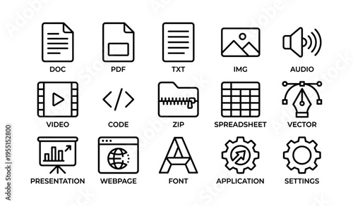 Set of 16 outline style file format icons including pdf and zip