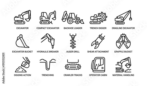 Construction equipment icons: excavators, drills, buckets, attachments, cabins