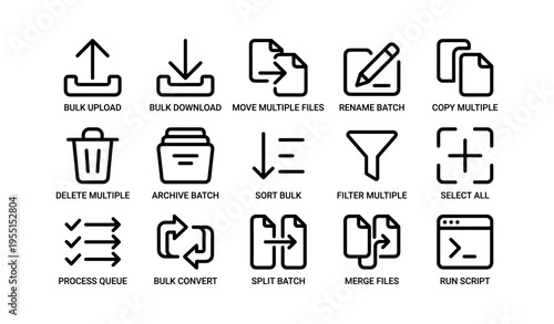 File management icons: upload, download, move, rename, copy, delete, archive, sort, filter, select, process, convert, split, merge