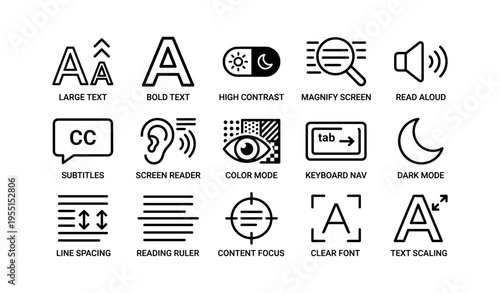 Accessibility icons set: text, contrast, screen magnification, audio, and navigation