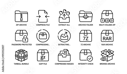 Set of line icons for file compression and archiving tools in black and white design