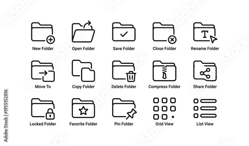 Set of 16 minimalist folder icons for various digital file management actions