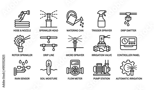 Automatic irrigation equipment icons: sprinkler, drip emitter, watering can, pump, controller