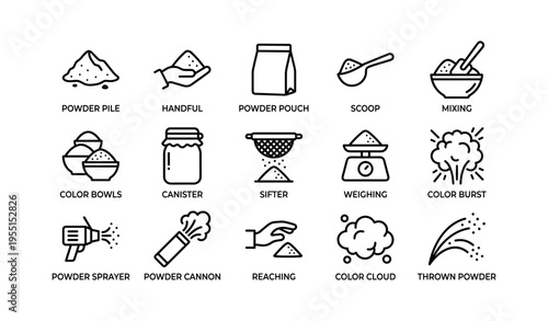 Set of icons depicting powder handling and usage tools