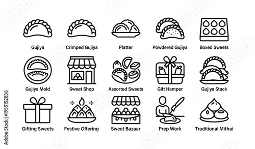 Traditional indian sweets icons with gujiya, platter, sweet shop, and gifting sweets symbols