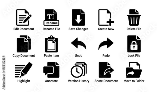 Document management icons set: edit, rename, save, create, delete, copy, paste, undo, redo, lock