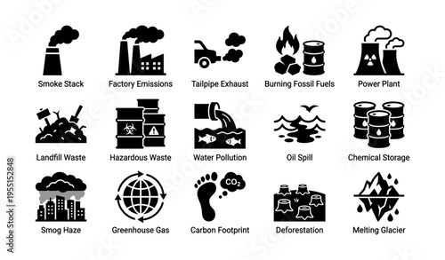 Industrial pollution icons depicting environmental hazards and climate change
