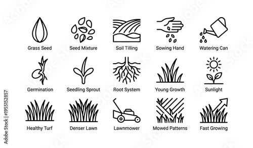 Gardening icons: seeds, soil, growth, lawn care, sunlight, tools