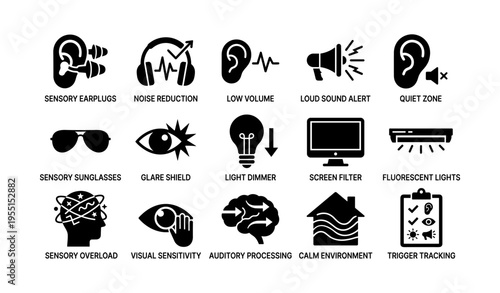 Sensory tools and concepts illustration for noise reduction and visual sensitivity