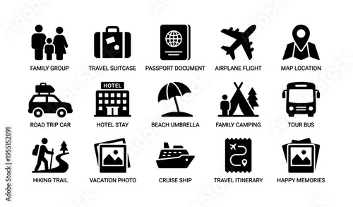 Travel and vacation icons including family, beach, camping, and transportation symbols