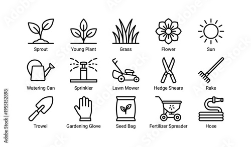 Gardening icons set featuring tools and plants in line art style
