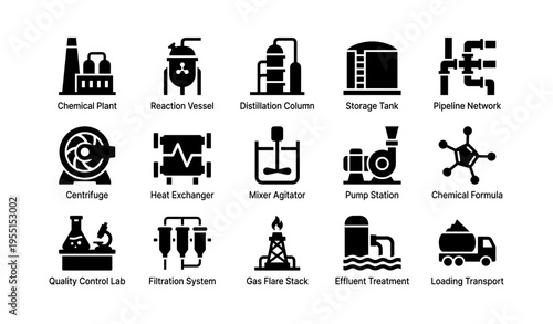 Industrial equipment icons: chemical plant, reaction vessel, storage tank, pipeline