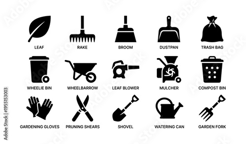 Garden tools icons: leaf, rake, broom, dustpan, trash bag, and more