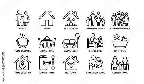 Family life icons depicting home activities and bonds across generations