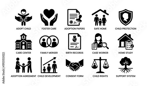 Icons representing adoption and child care services with various concepts